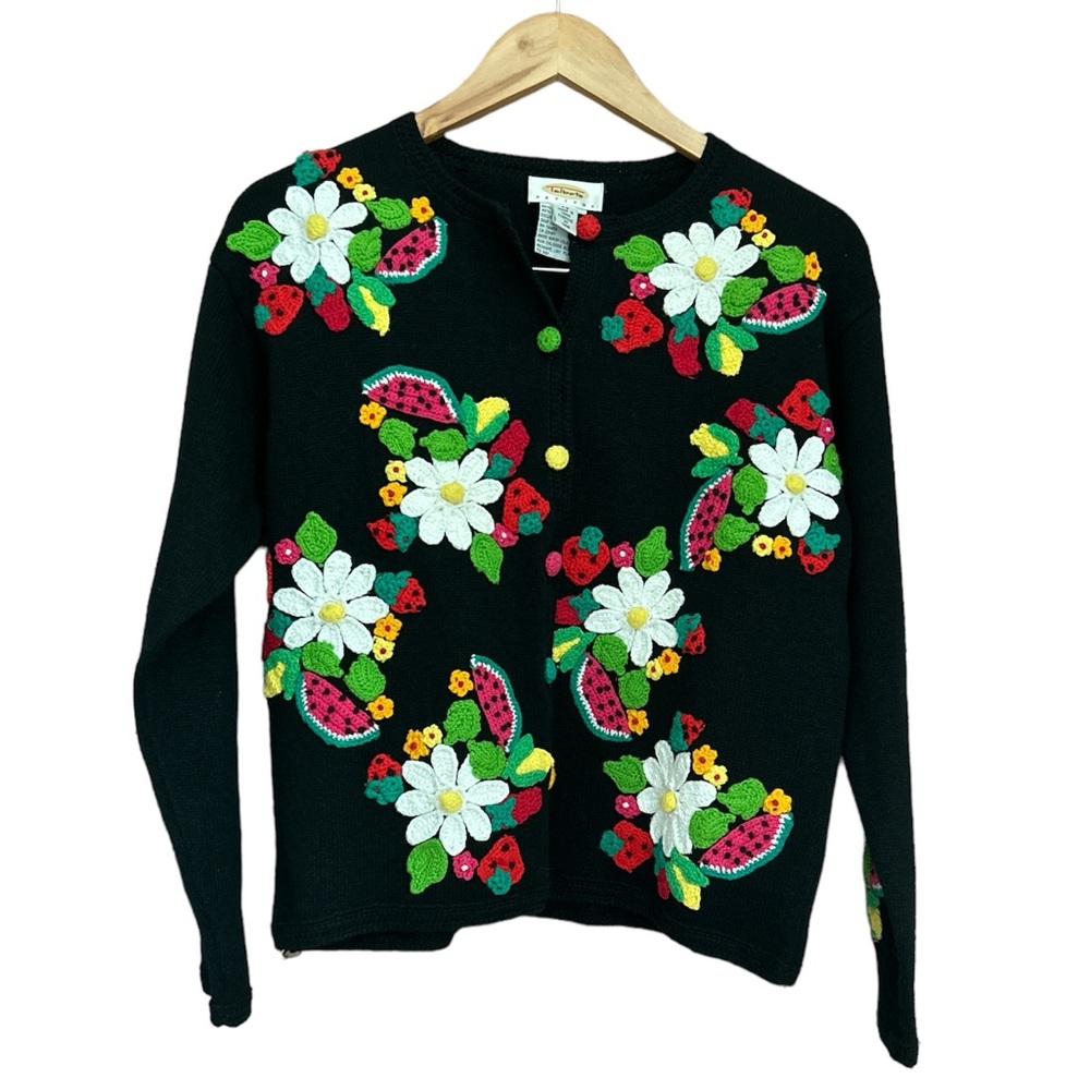 Talbots Vintage Knit Cardigan Crochet Fruits And Flowers Size Petite Small